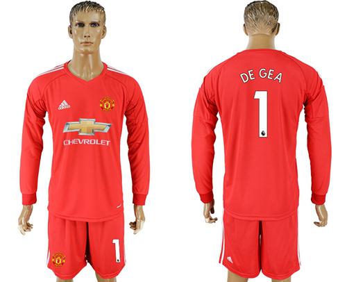 Manchester United #1 De Gea Red Goalkeeper Long Sleeves Soccer Club Jersey - Click Image to Close
